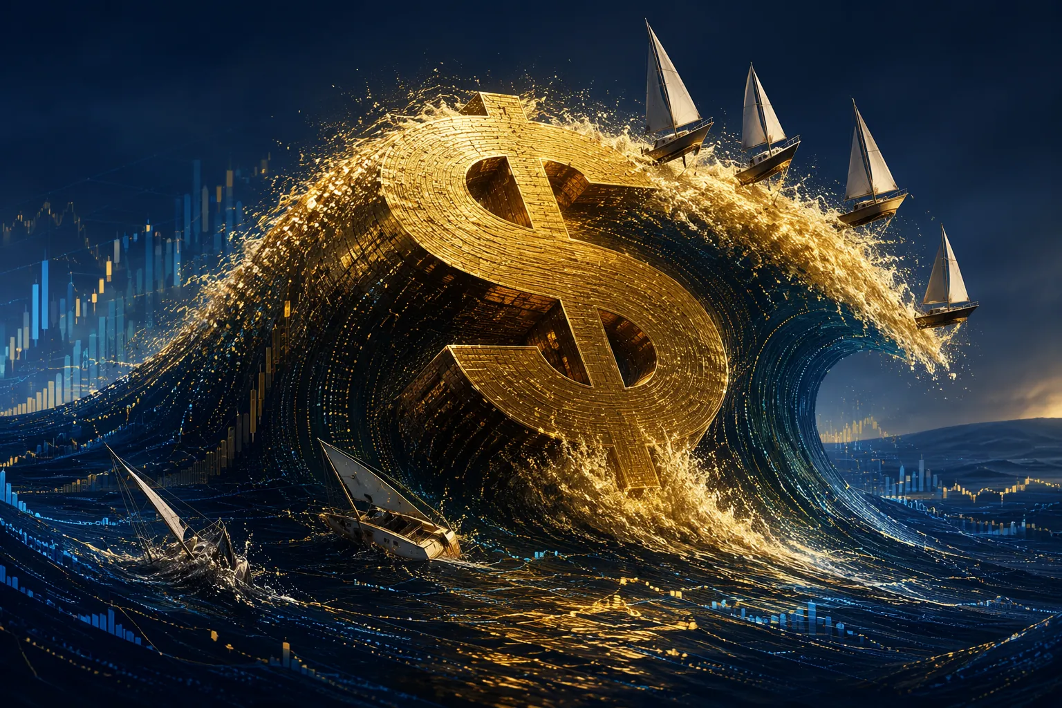 A massive financial wave lifting some small boats while capsizing others