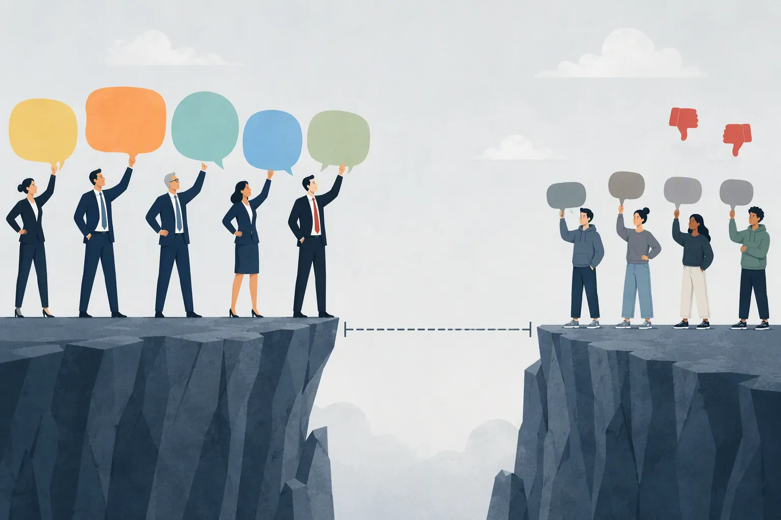 Illustration of confident ad executives separated by a wide perception gap from skeptical younger consumers