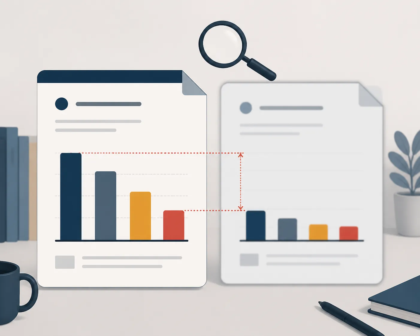 Two overlapping documents show inconsistent performance figures under a magnifying glass