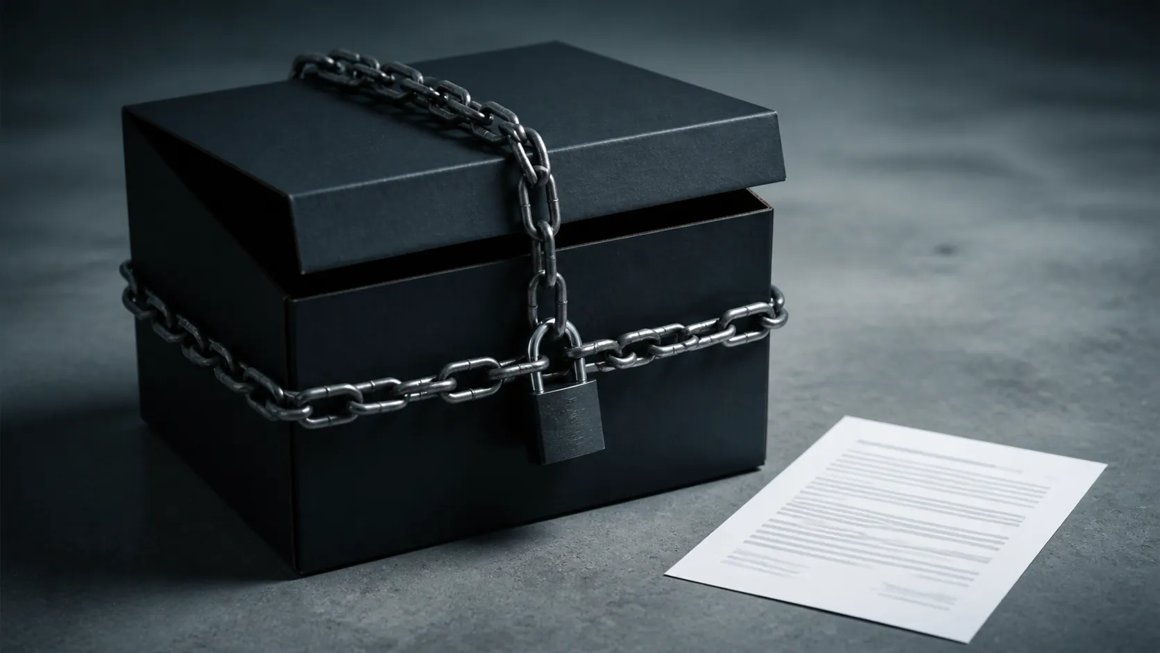 A dark shipping box chained with a padlock beside fine-print documents, suggesting something marketed as open but legally restricted
