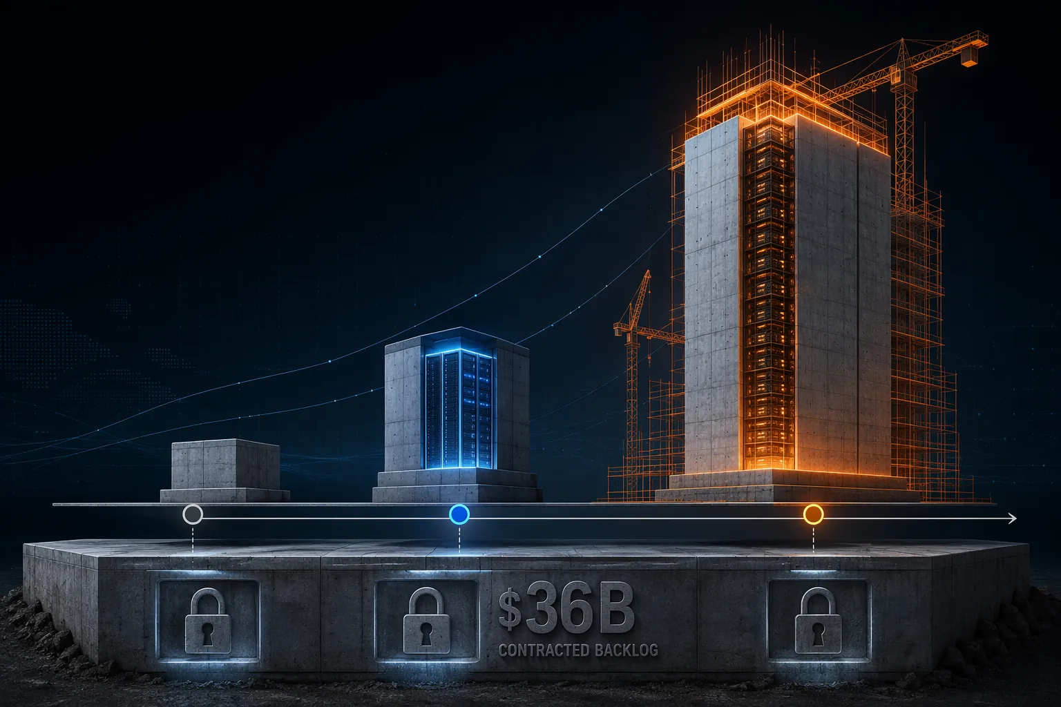 Timeline showing Applied Digital capacity moving from 0 MW in May 2025 to 175 MW by mid-2026 and 1.2 GW under construction with take-or-pay lease commitments