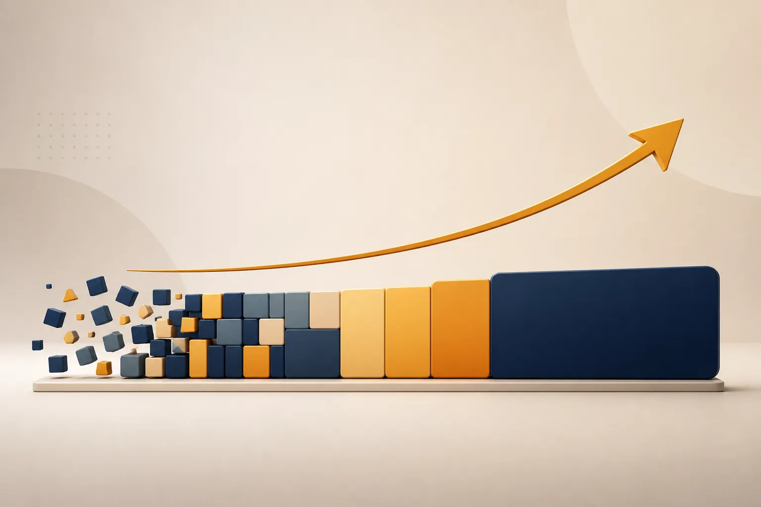 Segmented bar shifting from many small blocks into one dominant block under an upward arrow