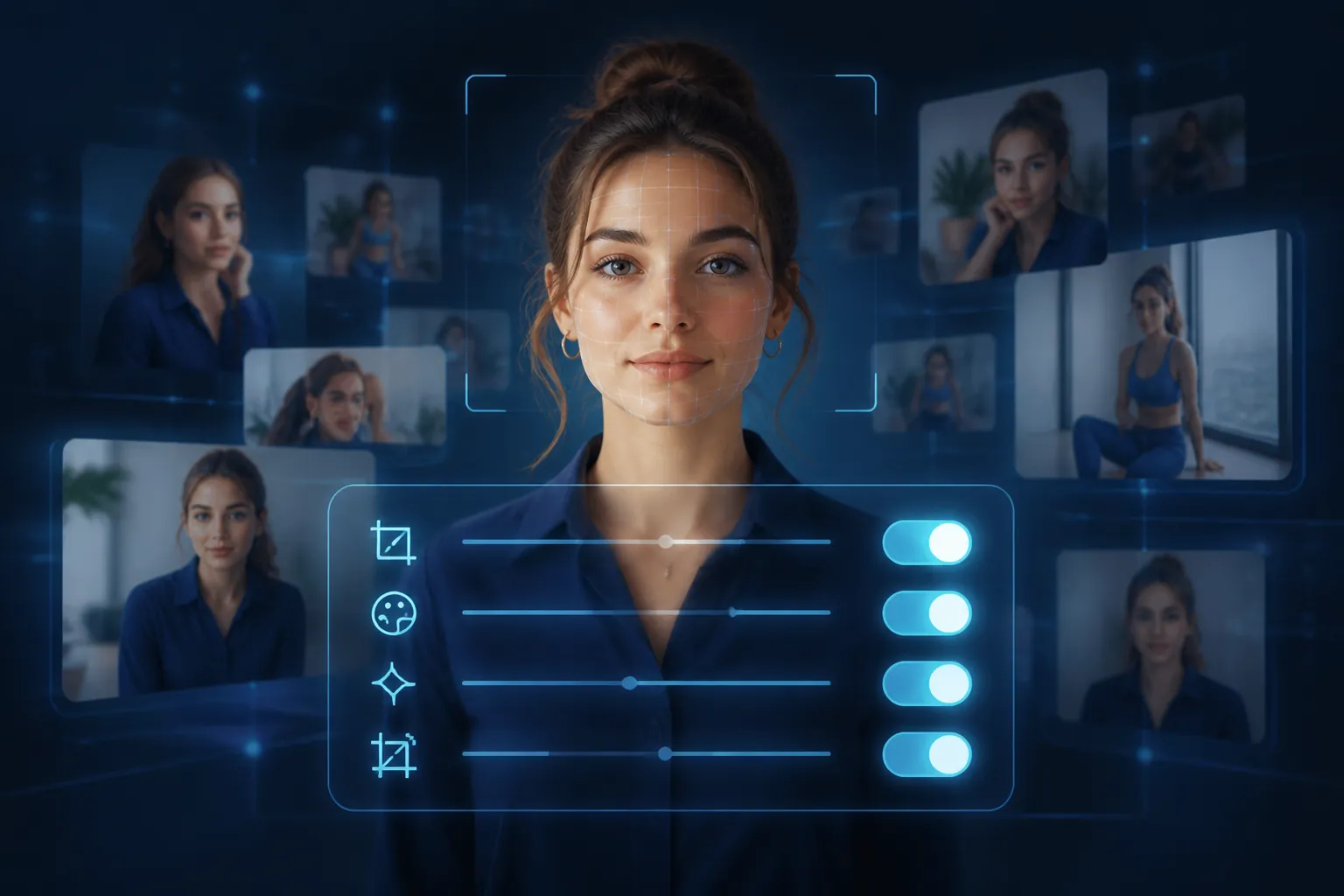 Young professional with automated creative enhancement toggles overlaid on her image