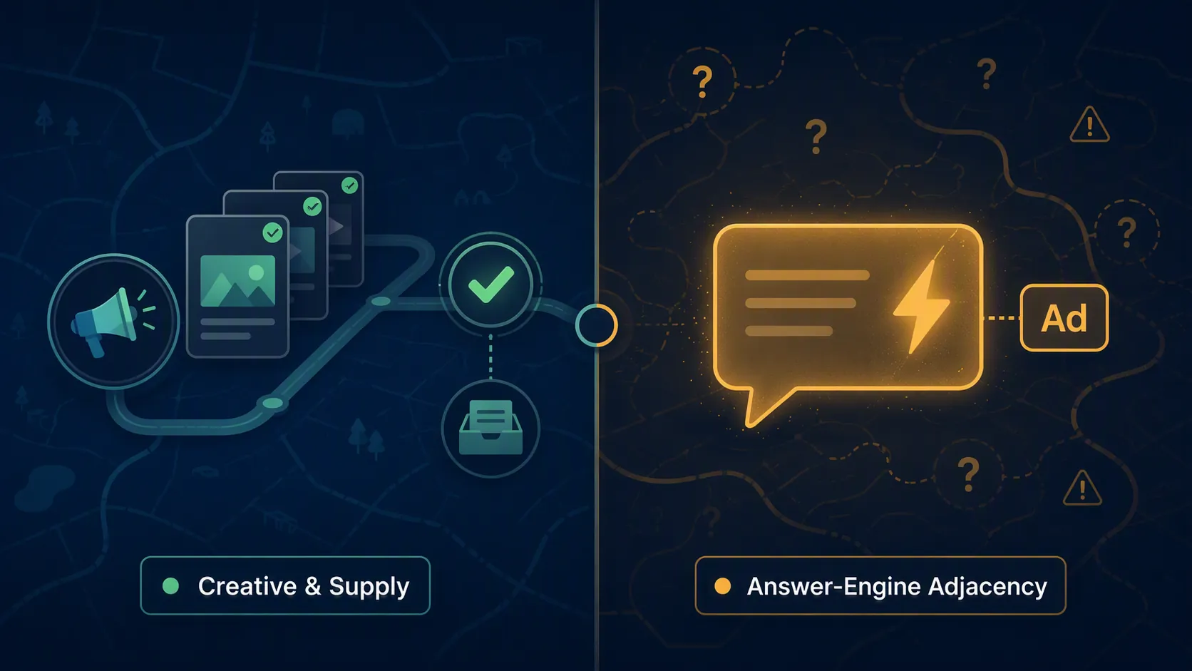 Two-part map contrasting controllable AI creative review with uncertain answer-engine ad adjacency