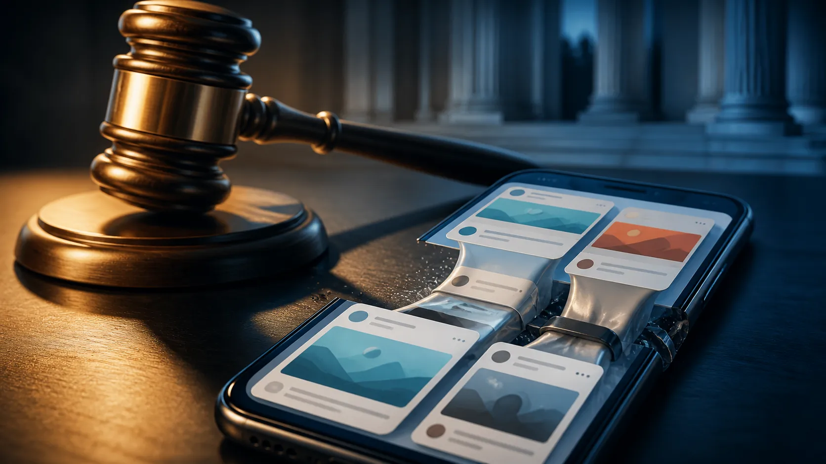 Judge's gavel and courthouse shadow over a smartphone social feed with ad cards being squeezed and removed