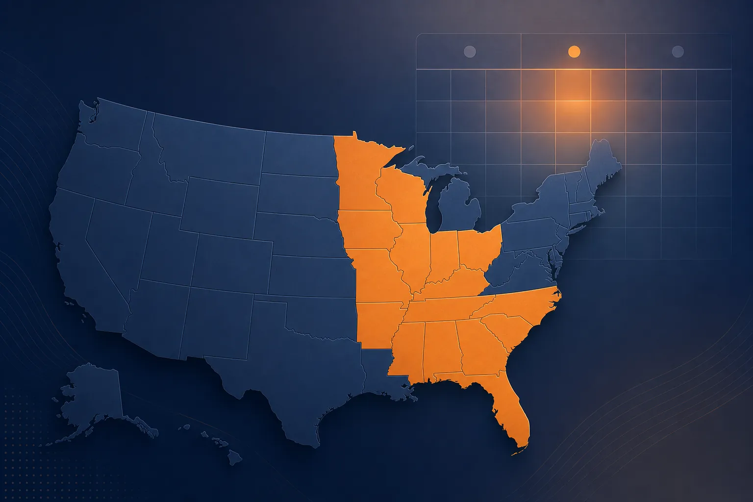 Stylized U.S. map with highlighted battleground markets and an October calendar marker