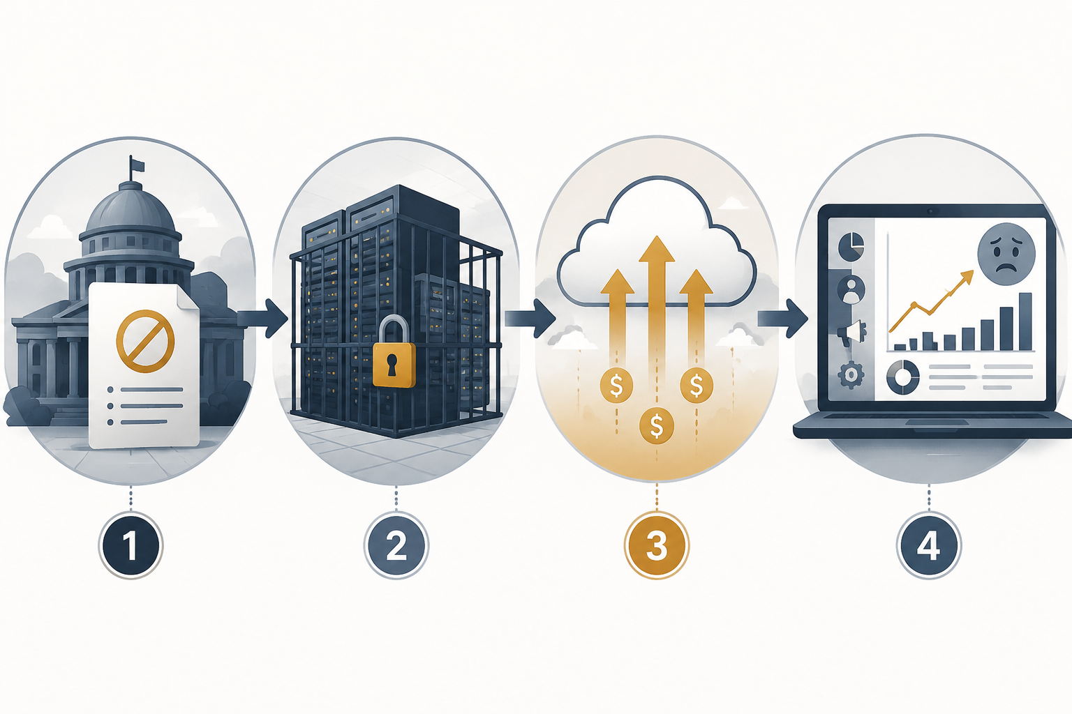 Four-stage flowchart linking policy restrictions, constrained compute capacity, rising AI infrastructure costs, and higher marketing technology budgets
