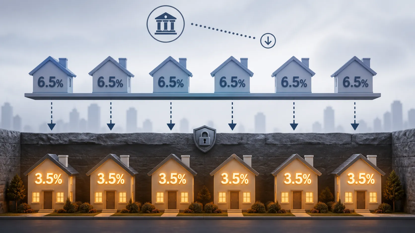 Houses with sub-4% mortgage indicators separated from a higher-rate layer, illustrating borrower lock-in