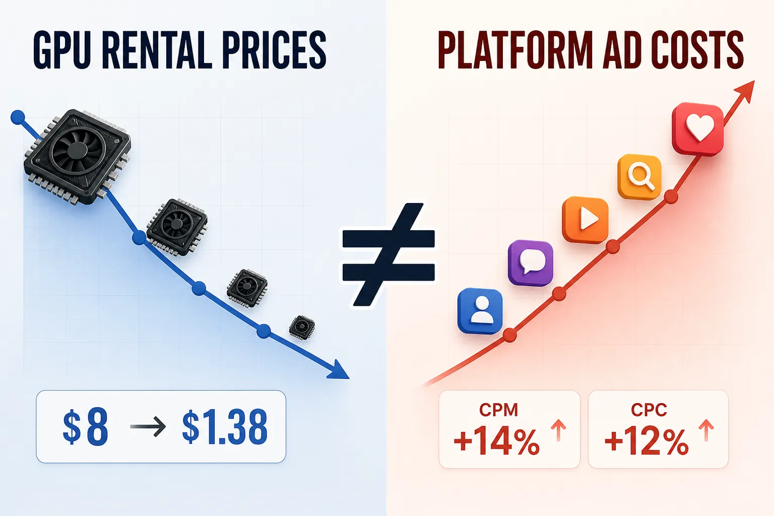Comparison of falling GPU rental prices and rising platform ad prices
