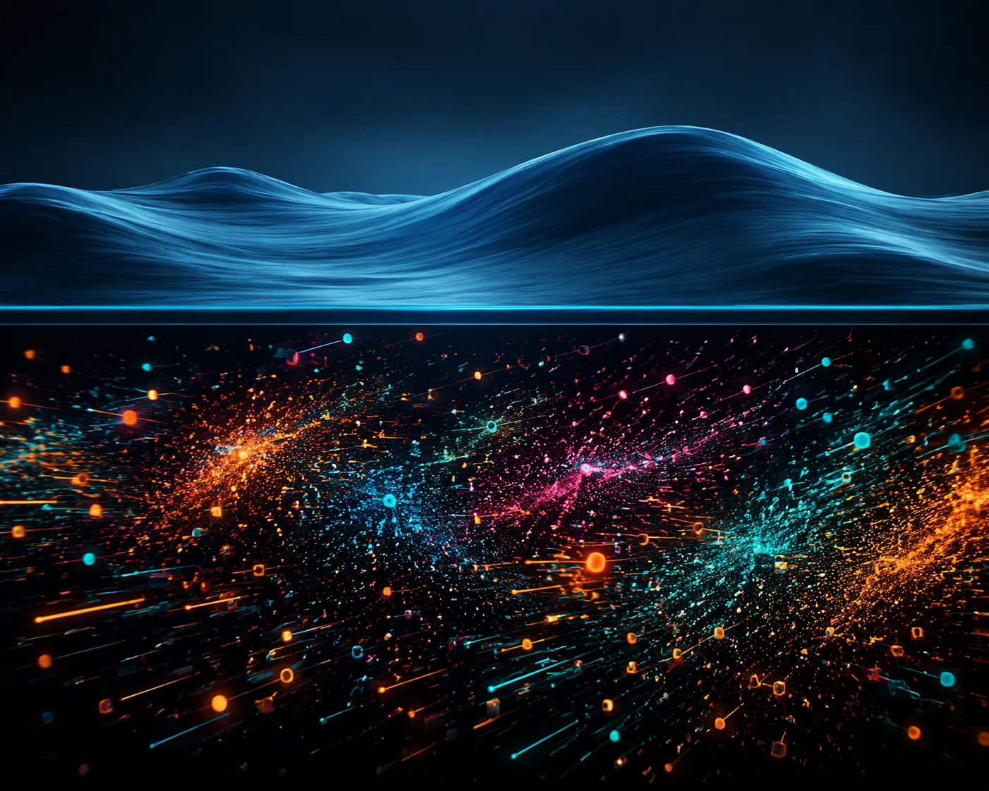 Illustration of a smooth macroeconomic wave above fragmented colorful auction-demand particles