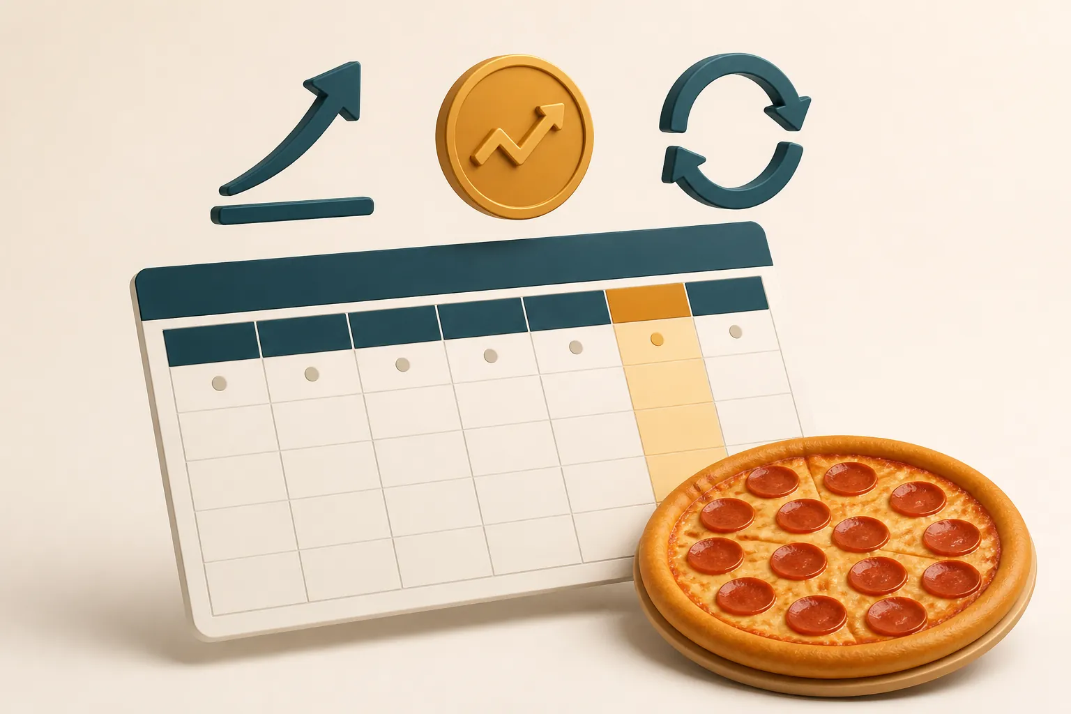 Weekly calendar highlighting a Friday pizza promo with icons for incremental orders, profit per order, and repeat rate