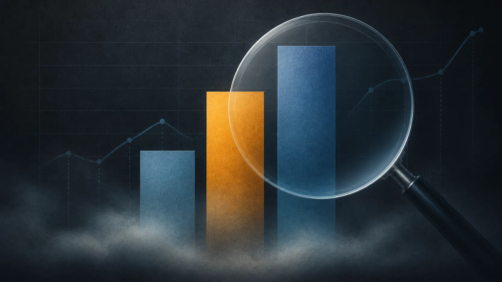 Bar chart with tall bars rising from a fogged base under a magnifying glass