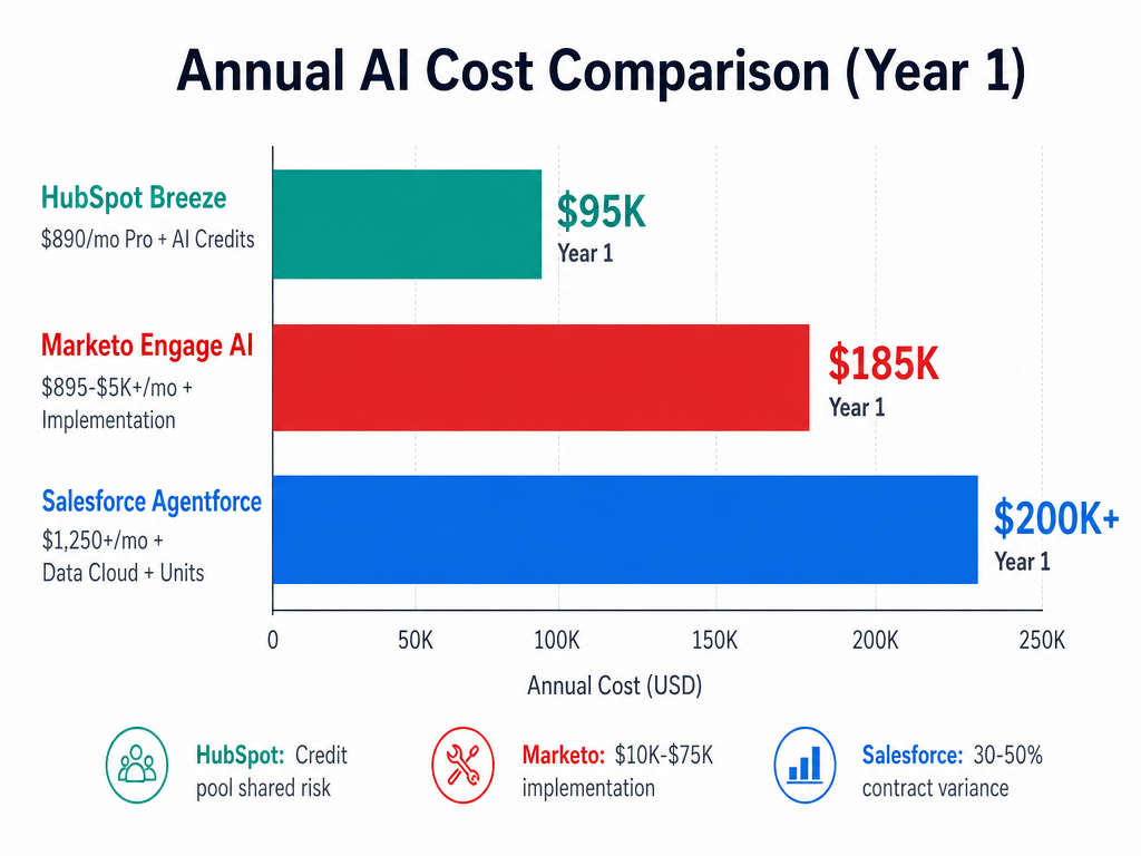 Horizontal bar chart infographic titled 'Annual AI Cost Comparison (Year 1)' showing HubSpot Breeze at ~$95K, Marketo Engage AI at ~$185K, and Salesforce Agentforce exceeding $200K.