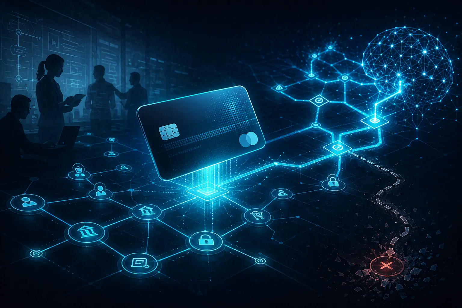 Digital payment network shifting from human-operated processing to AI-driven transaction routing, with one declined edge-case path fading out