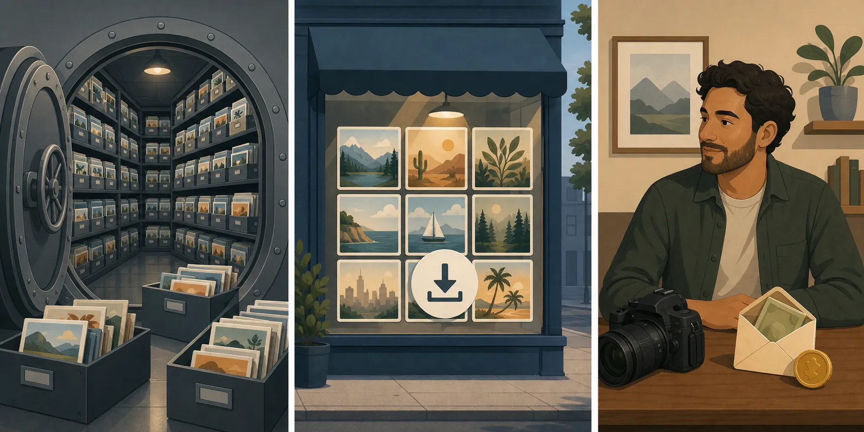 Three panels showing raw image library size, commercial access, and contributor economics as separate meanings of stock-photo supply