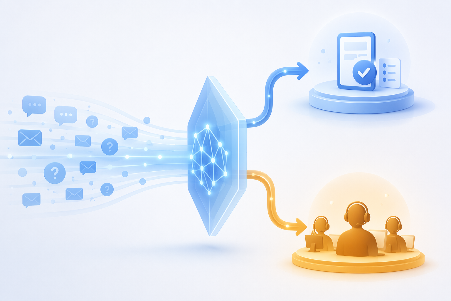 Customer inquiries routed through AI triage to self-service or human support