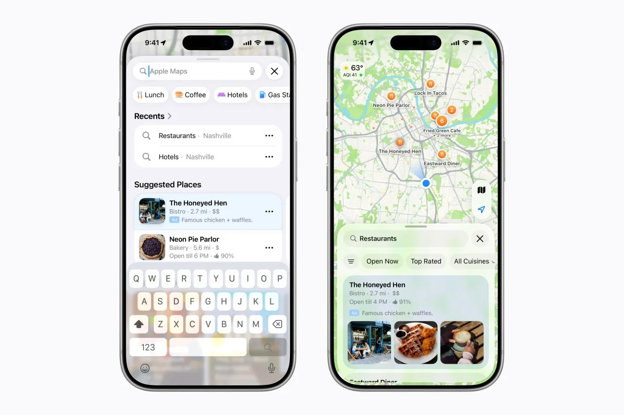iPhone showing a sponsored Apple Maps business listing placement