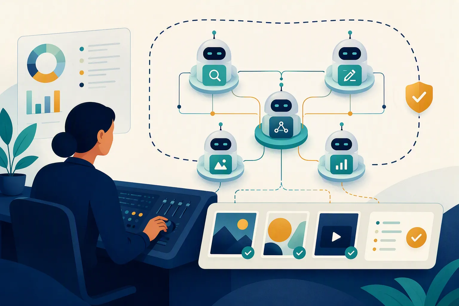 A media buyer supervising connected AI agents from a control console within human guardrails