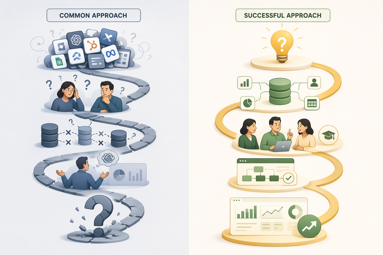 Split comparison of tool-first AI adoption versus business-question-first AI adoption