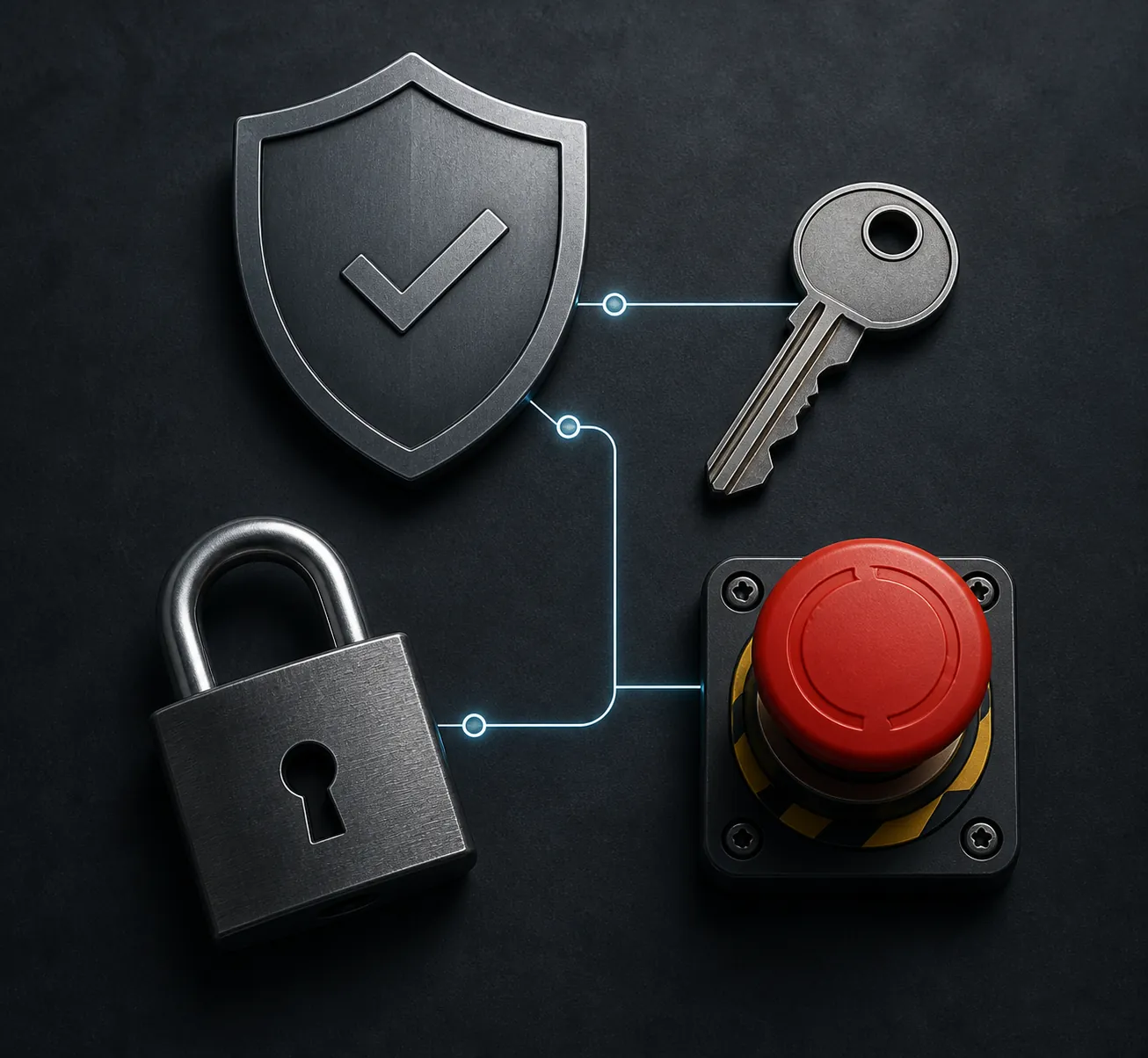 Shield, access key, padlock, and red emergency stop switch on a dark slate background