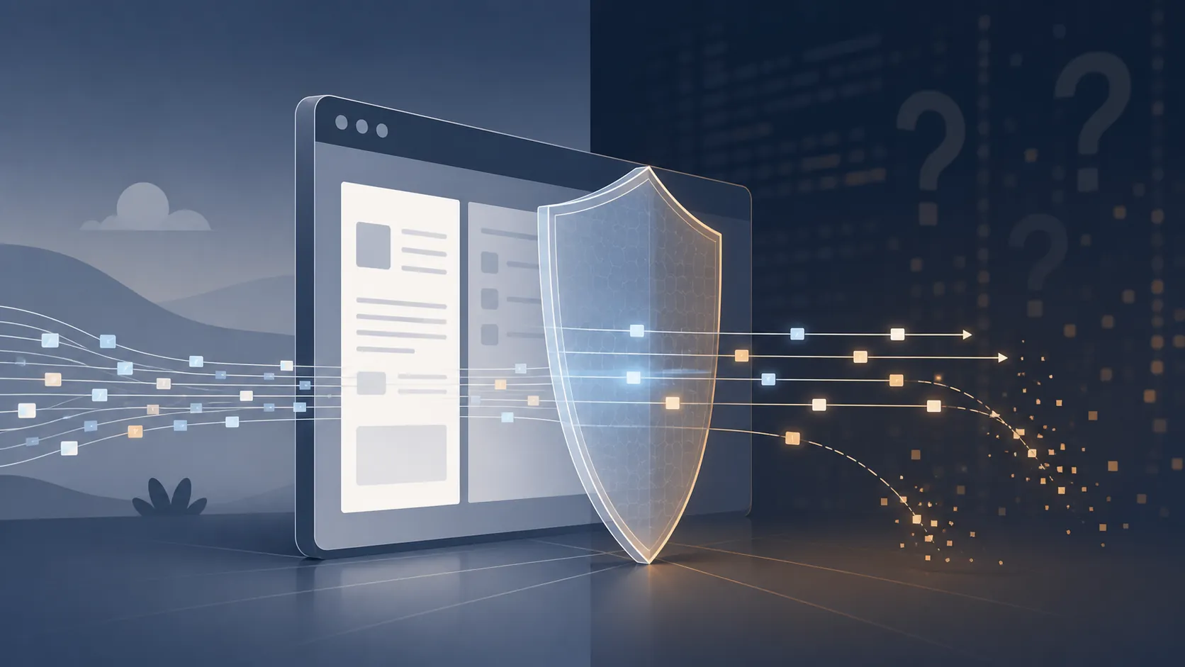 Minimal browser window protected by a translucent shield filtering glowing data packets