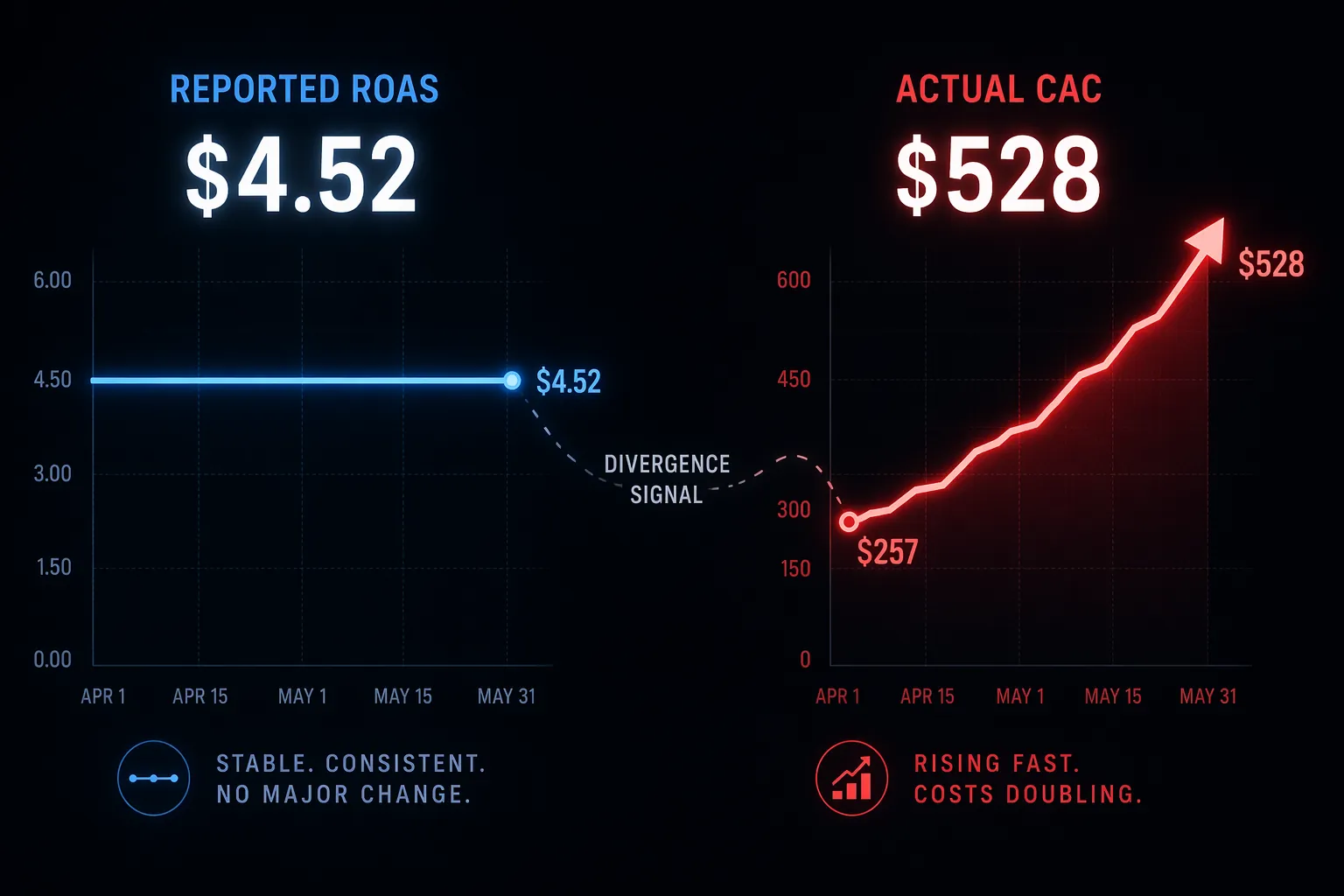 Dashboard visualization comparing flat reported ROAS with rising actual CAC