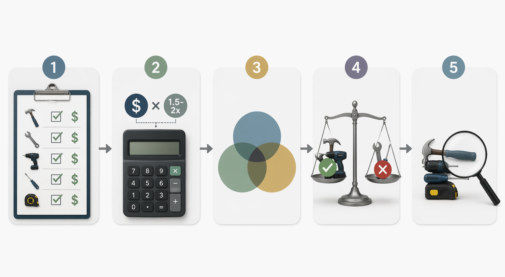 Five-step audit workflow showing cost inventory, multiplier calculation, overlap mapping, consolidation decisions, and gap review
