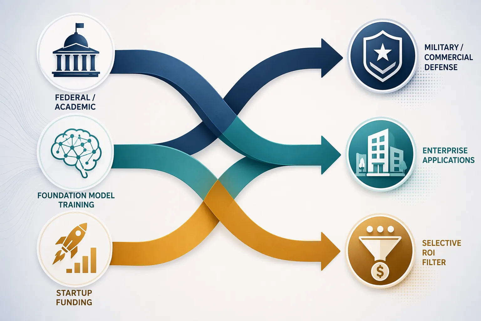 Three AI funding streams redirecting toward military and commercial funding, enterprise application deployment, and ROI-driven startup investment