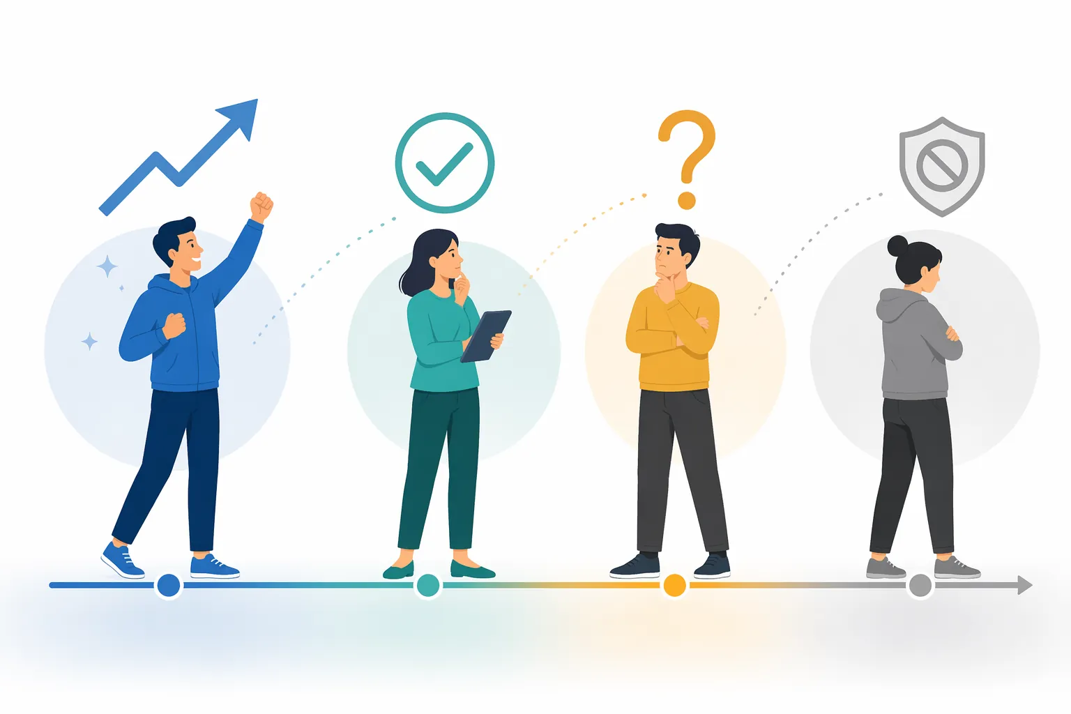 Four consumer silhouettes showing a spectrum from AI enthusiast to resistant holdout