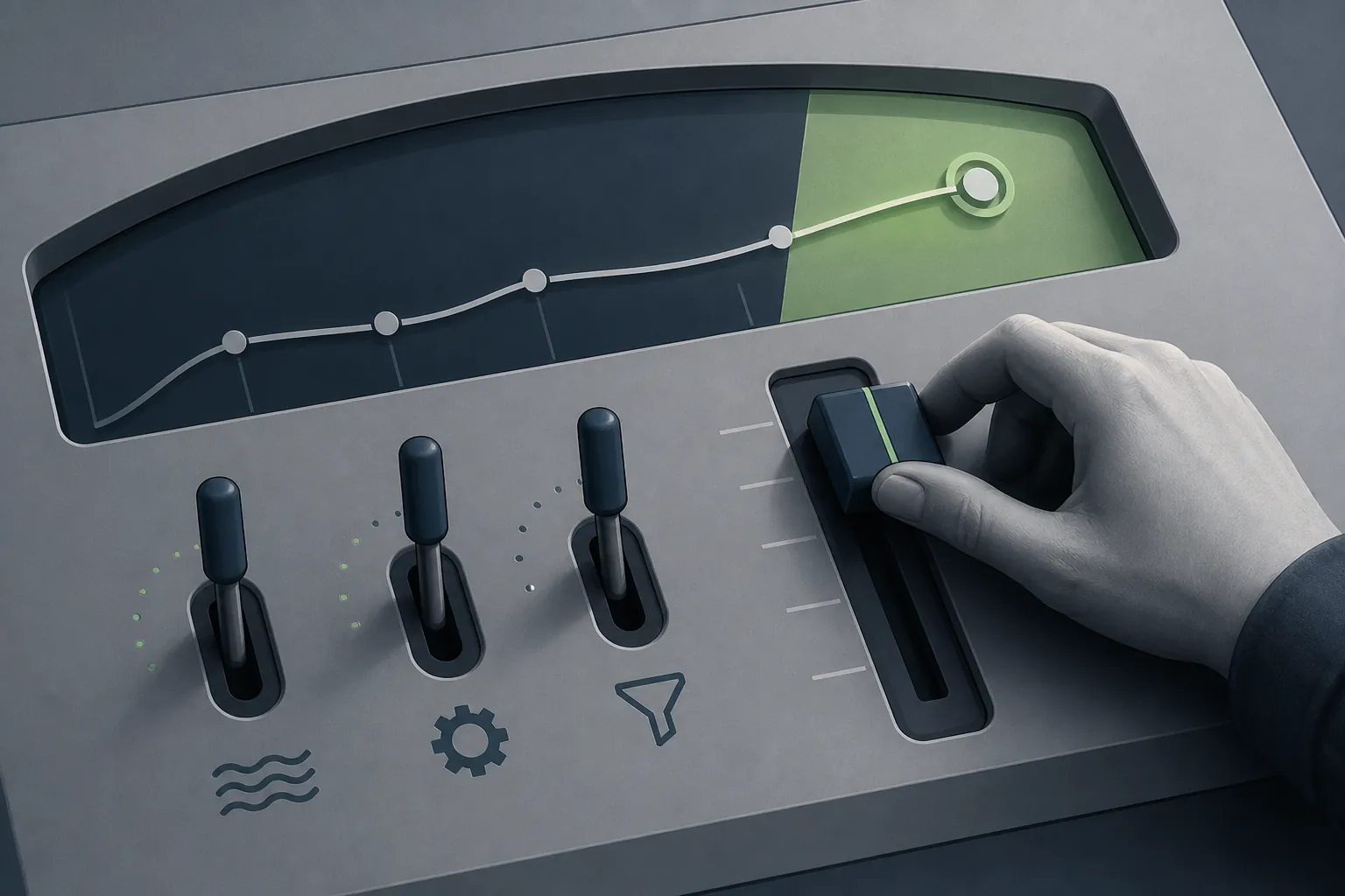 Abstract advertising control panel with sliders for signals, bid guardrails, and quality controls