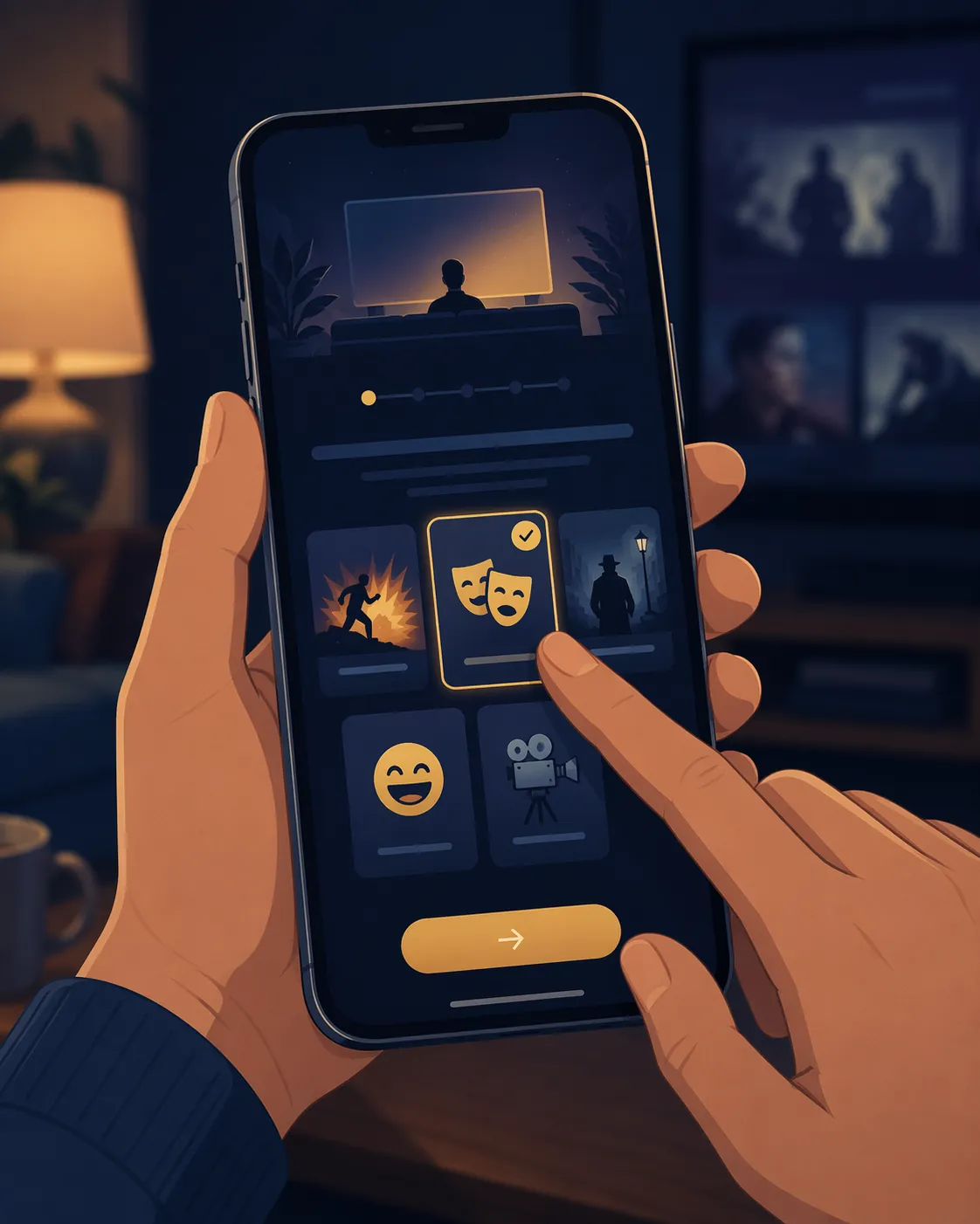 Smartphone onboarding screen showing genre preferences for a streaming service