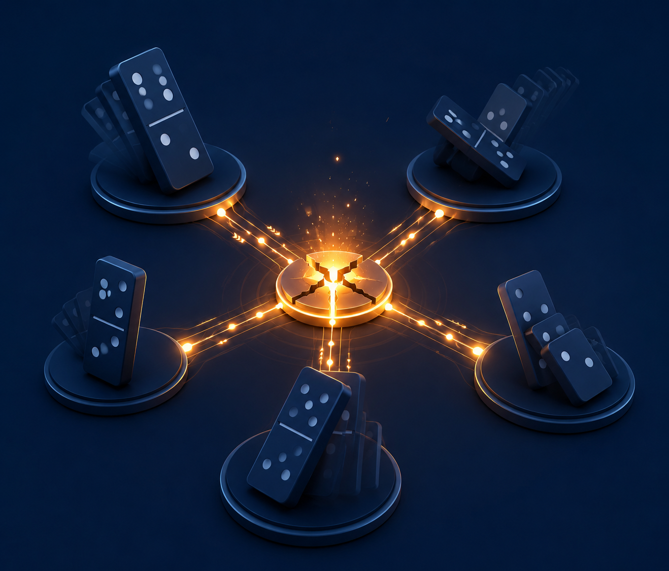 Five interconnected risk nodes showing one failure spreading through a compound brand risk system