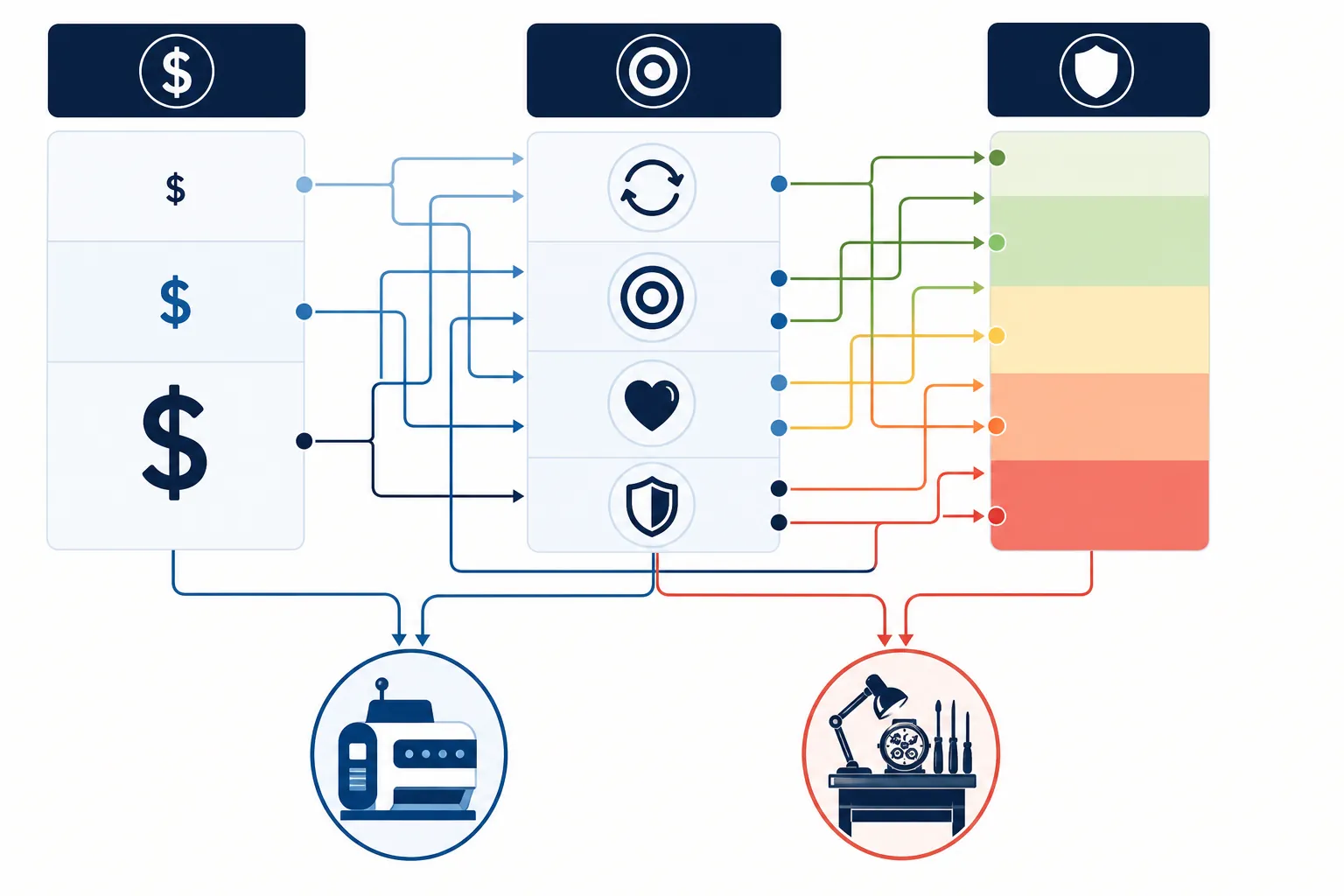 Decision framework diagram showing AOV tiers, campaign objectives, and trust sensitivity routing work to open-weight or frontier AI models