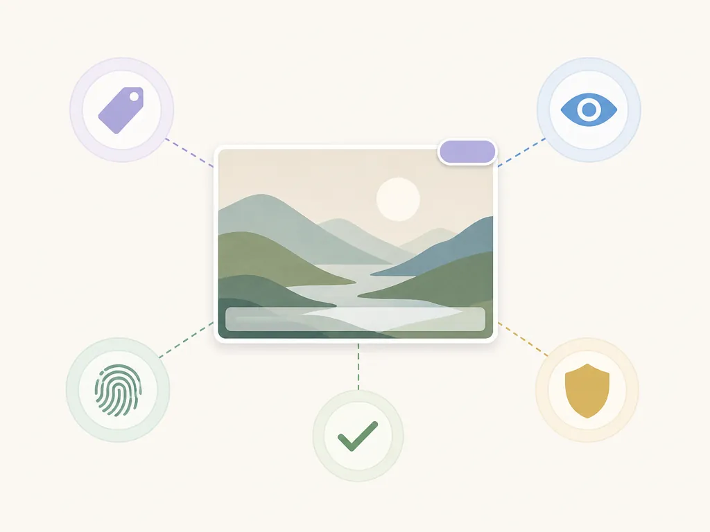 Ad creative with a visible disclosure overlay connected to asset-labeling and provenance-metadata indicators