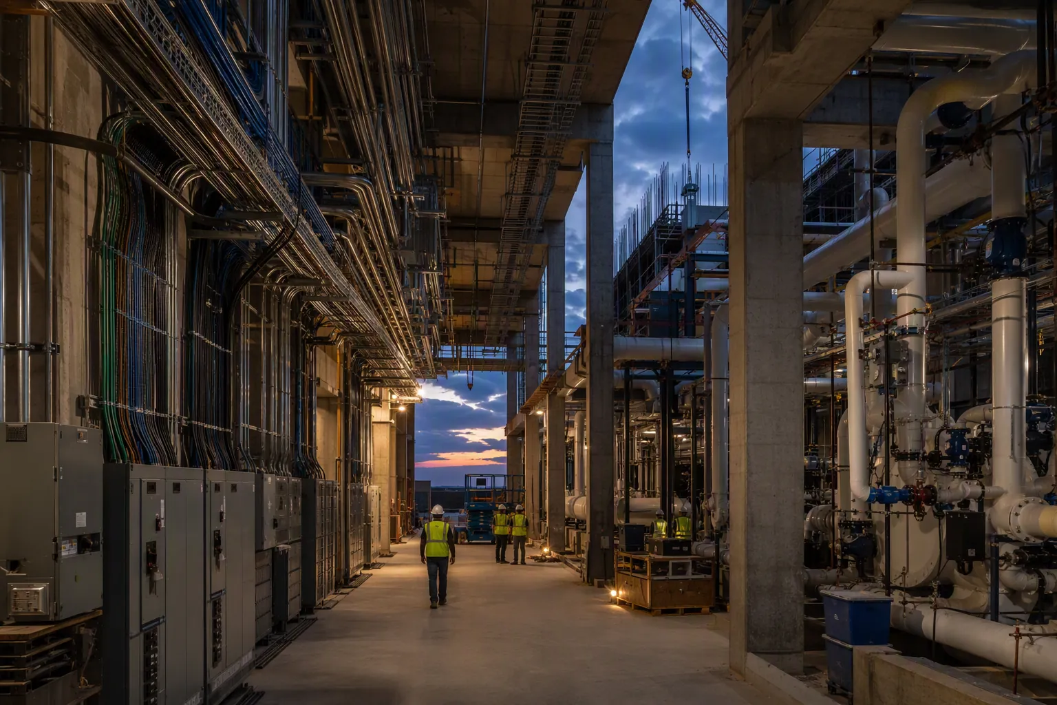 Data center construction site with electrical conduit, cable trays, cooling pipes, and workers in high-visibility vests