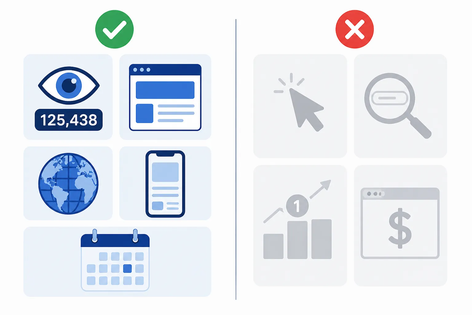 Comparison of included Generative AI report metrics such as impressions, pages, countries, devices, and dates versus omitted metrics such as clicks, queries, position, and paid ads.