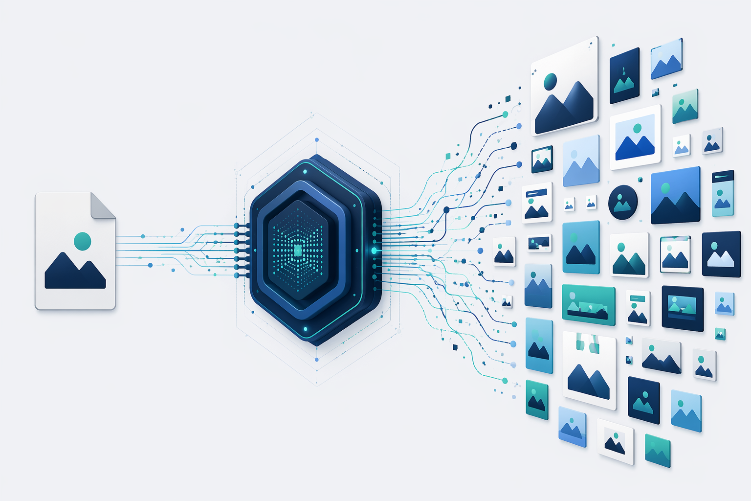 A creative asset passing through an AI processor and multiplying into many output versions