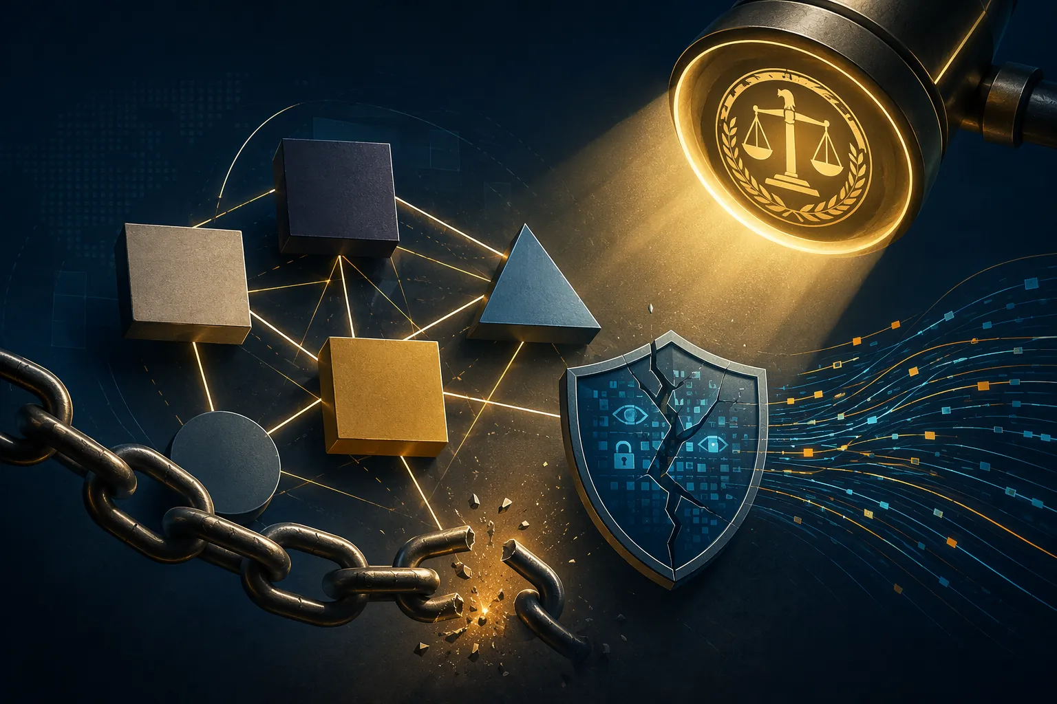Advertising agency blocks, cracked brand safety shield, broken chain link, and data streams under a regulatory spotlight