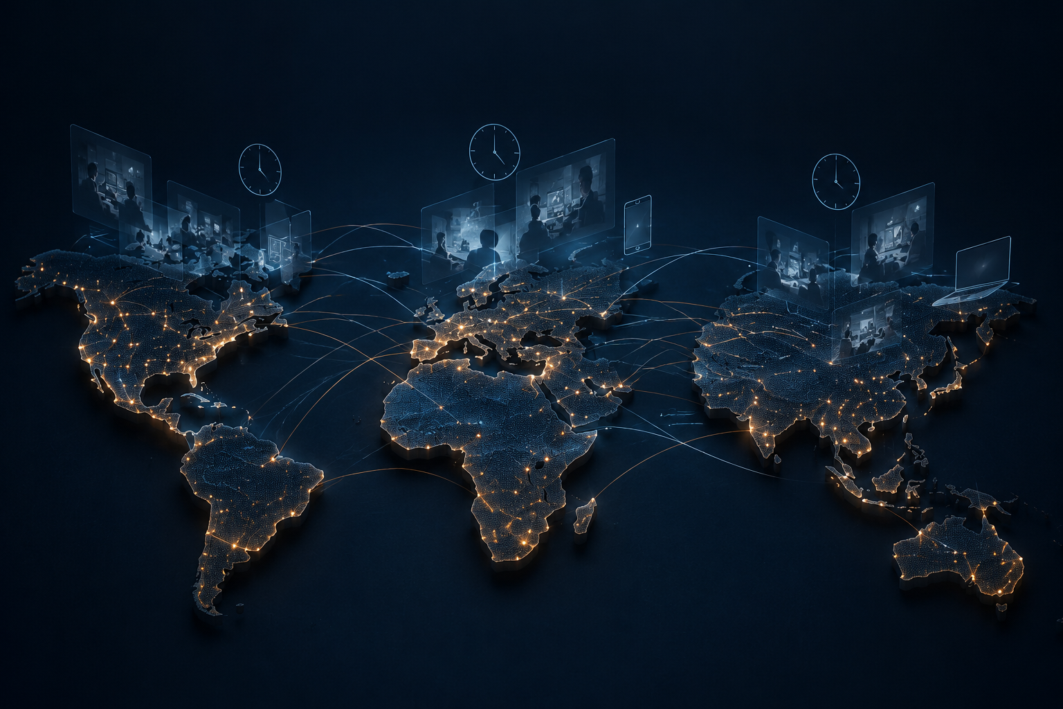 Abstract continents with glowing match markers, digital connection lines, clocks, and device icons showing a dispersed World Cup media footprint