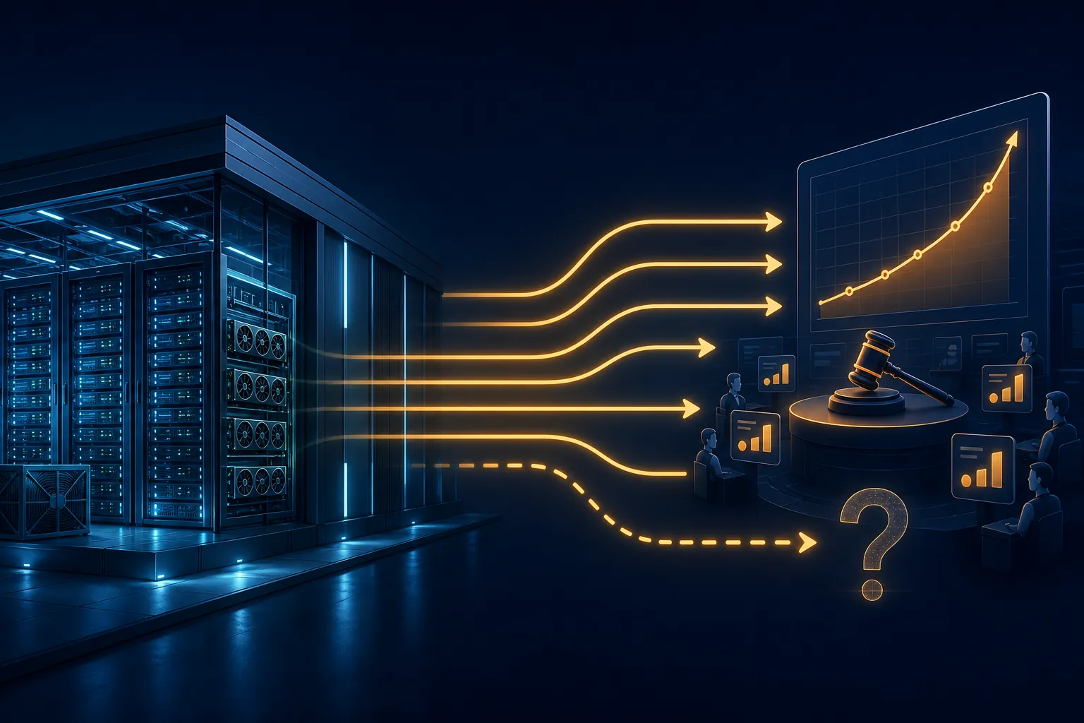 AI data center connected by several pathways to a rising ad auction bid curve, with one dashed path ending in a question mark