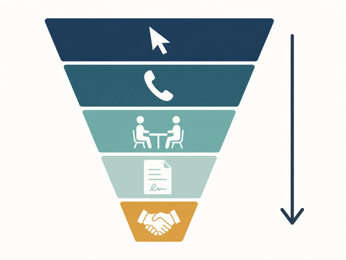 Five-stage conversion funnel from click to phone call, consultation, signed document, and handshake