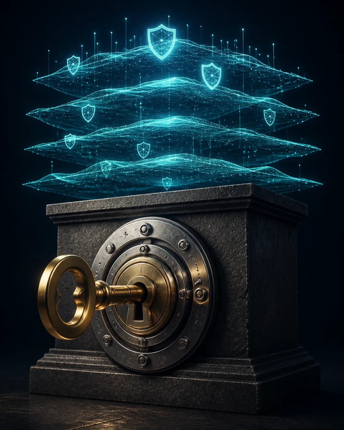 A brass key in a steel vault lock with glowing shield-shaped monitoring layers above it