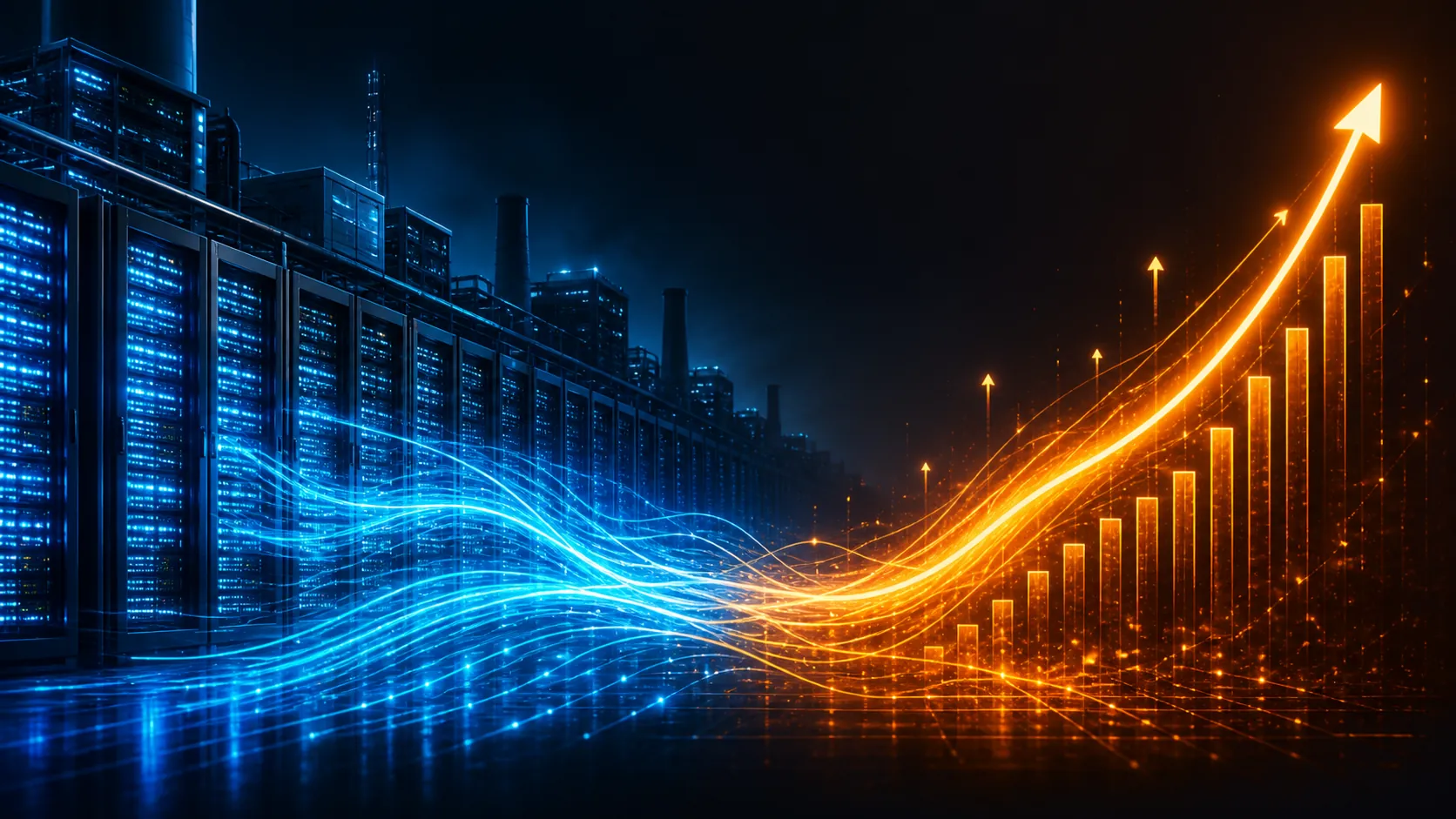 Glowing AI infrastructure flowing into a rising ad auction cost curve