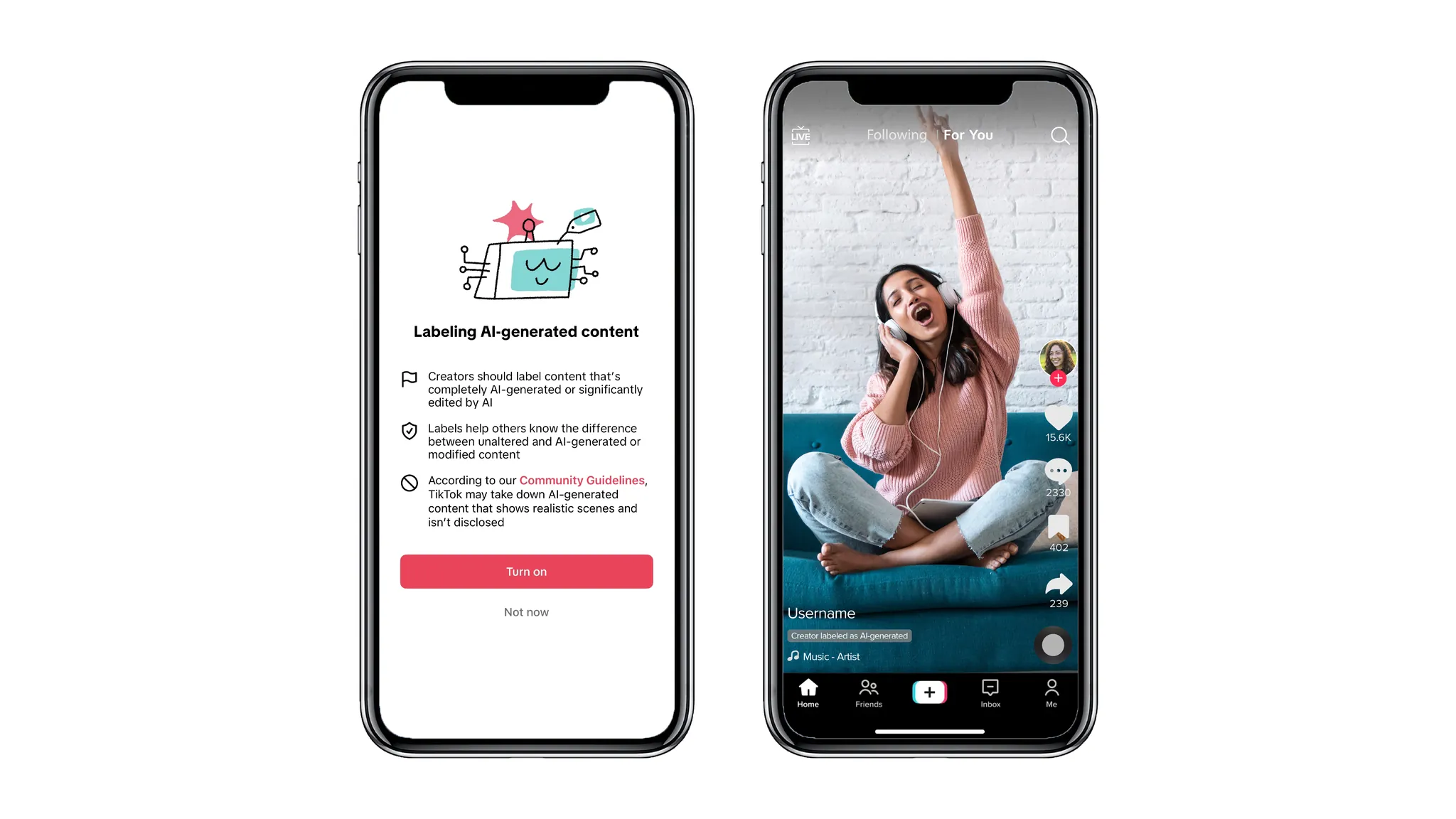 TikTok visual showing AI-generated content disclosure labels on realistic synthetic media