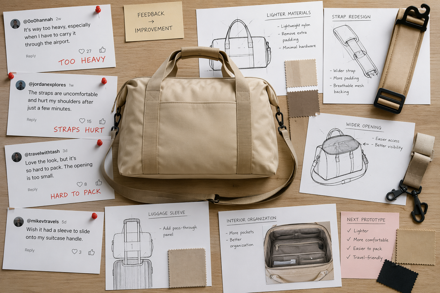 Flat-lay of a travel weekender surrounded by TikTok comment screenshots and product improvement notes