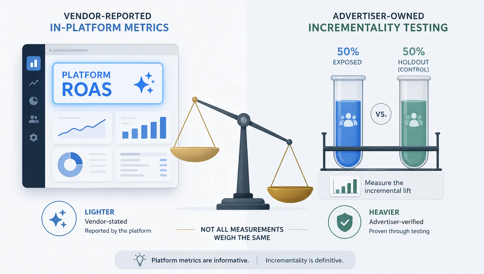 Platform ROAS dashboard balanced against advertiser-owned holdout testing