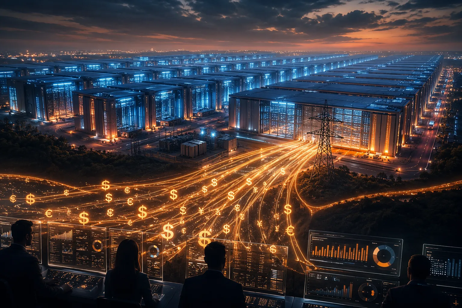 Advertiser-funded AI infrastructure visualized as ad dashboard revenue flowing into a glowing data center