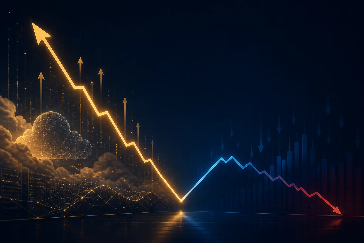 Diverging finance trend lines showing AI cloud revenue rising while merchant ad revenue falls