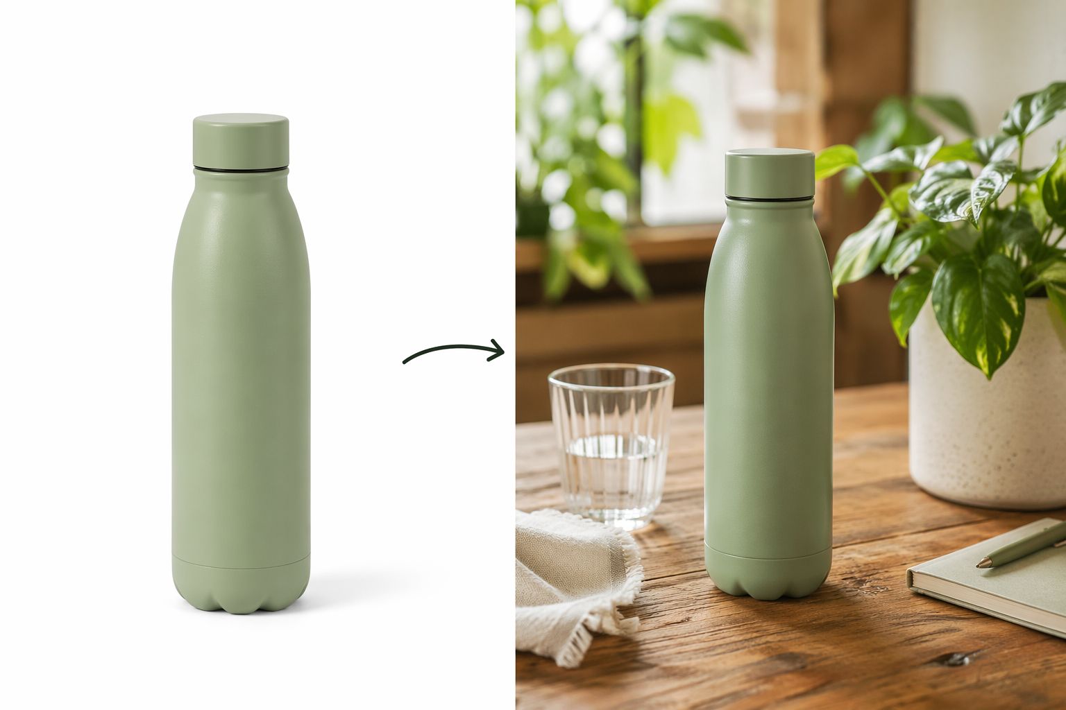 Product pack shot transforming into a warm indoor lifestyle scene with natural lighting and plants