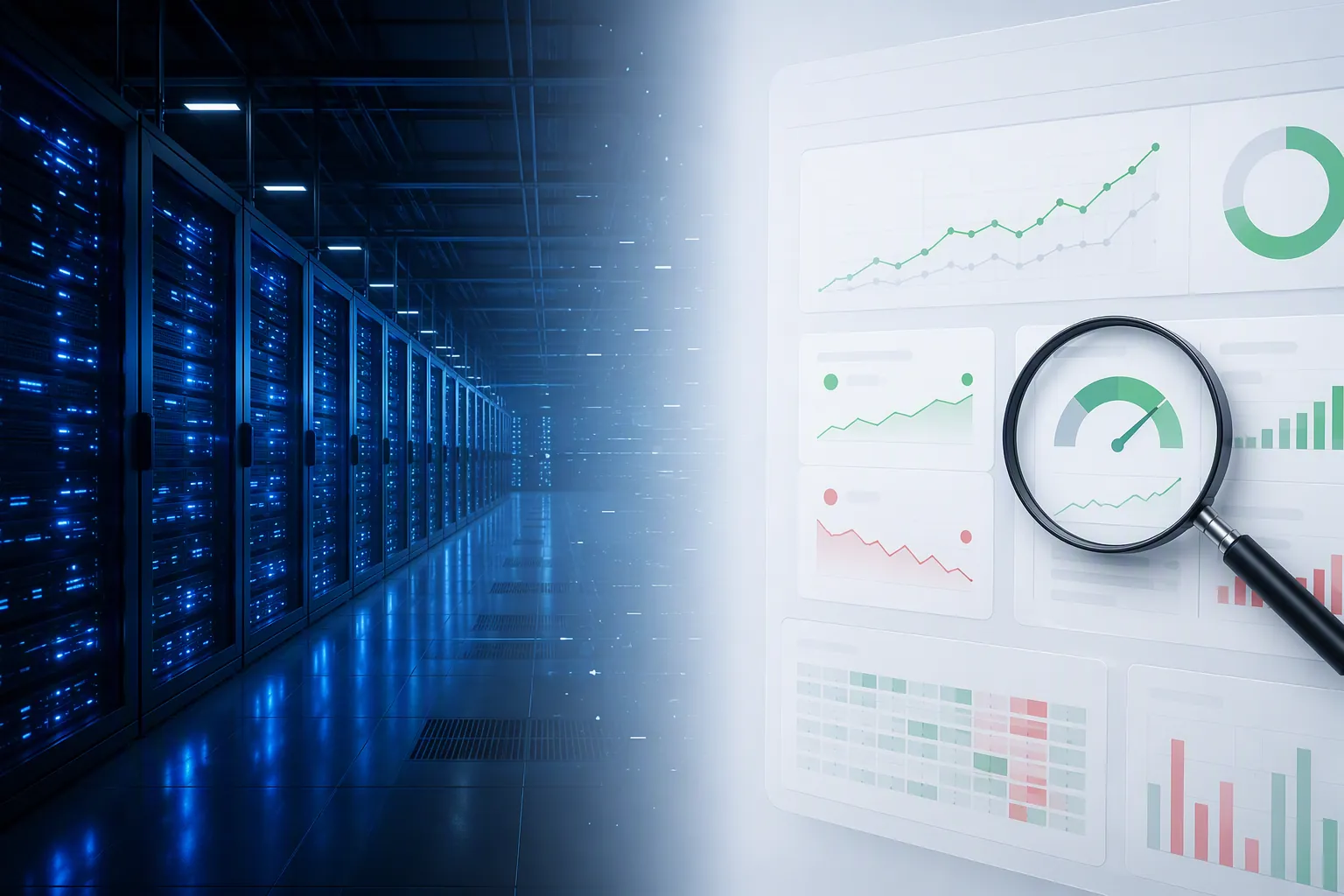 Split view of AI data center infrastructure and an advertising ROI dashboard